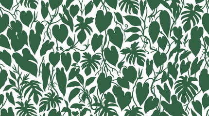 Seamless Tropical Leaf Pattern, Green Silhouettes on White Background, Exotic Botanical Design © Arjuno