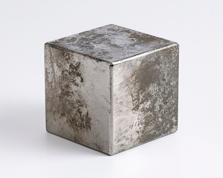 Aged, metallic cube with rough edges and patches of rust or dirt.
