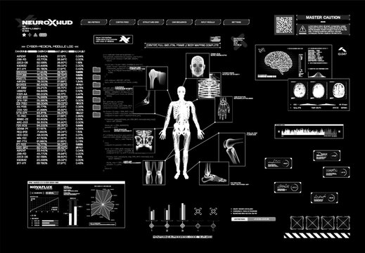 Sci-fi dashboard with HUD interface. Futuristic cyberpunk HUD with digital dashboard, scan panels, biometric data, tech grid. Gaming black and white interface with UI, UX. Vector Sci-fi screen