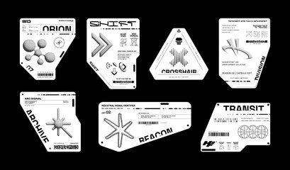 Plakat Sci-fi stickers and futuristic label tag in cyberpunk style. 3D monochrome graphic elements for streetwear, merch, posters, t-shirt. Typography labels in futuristic style. Vector graphic box