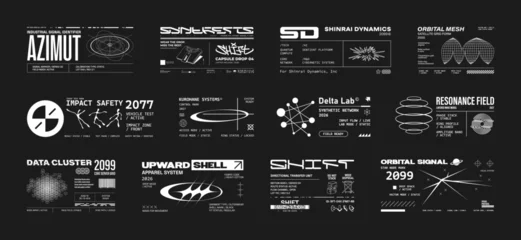 Fototapeten Restaurant Futuristic industrial micrographics and cyberpunk technical labels. Futuristic stickers, fake logo, streetwear decal, industrial tags with lettering. Sci-fi labels in HUD, cyberpunk style. Vector set  © SergeyBitos
