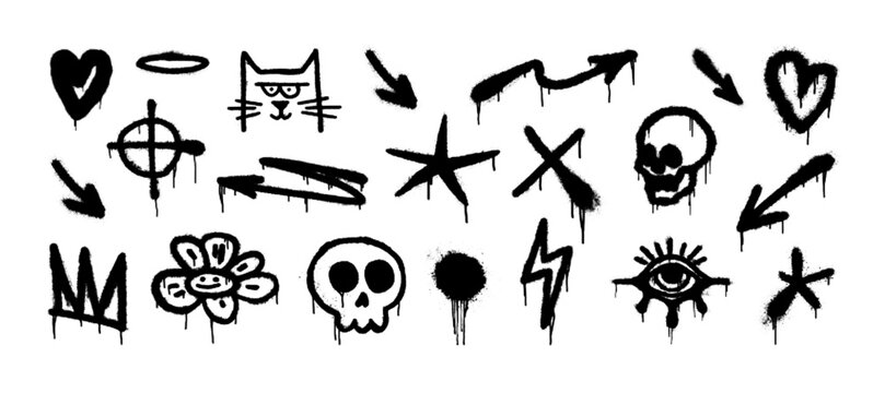 Monochrome graffiti spray paints elements with drips and splatters in halftone style. Doodle graffiti signs, symbols, icons with spray effect. Halftone street art elements set. Vector graphic box