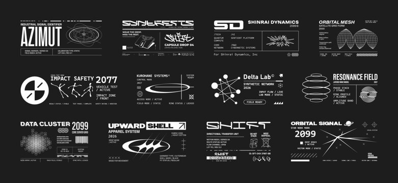 Futuristic industrial micrographics and cyberpunk technical labels. Futuristic stickers, fake logo, streetwear decal, industrial tags with lettering. Sci-fi labels in HUD, cyberpunk style. Vector set