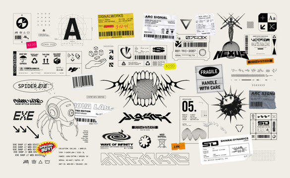Techwear futuristic graphic elements in cyberpunk style with typeface, monochrome streetwear prints, 3D stickers, shapes for t-shirt, apparel, merch. Typeface lettering cyberpunk graffiti. Vector set