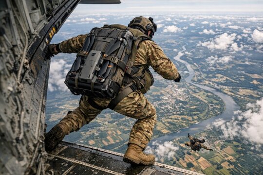 A military parachuter exits a plane during a jump operation, with the sky and landscape visible behind