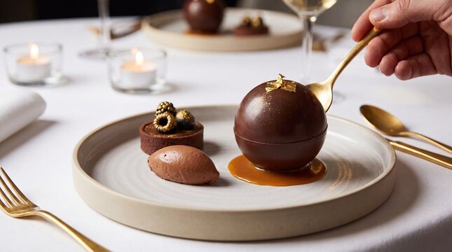 Gourmet chocolate sphere dessert with gold leaf, elegant fine dining restaurant plating, luxury cocoa mousse and caramel on white tablecloth