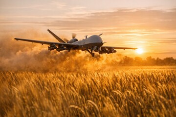Fototapeta premium A military plane prepares for takeoff from a grassy field, ready for its mission