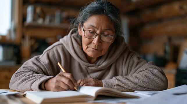 Inuit woman in her fifties who recently enrolled in community college, studying textbook at kitchen table surrounded by adult household, midlife reinvention, educational return,