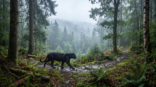 Diffused morning light filters through a heavy shroud of fog, perfectly highlighting the sleek, dark coat of a stalking Black Panther.