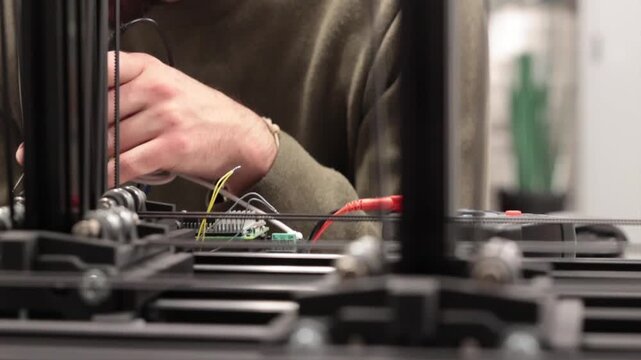 giovane operatore tecnico che lavora ed esegue delle misurazioni con apparecchi elettronici su dei macchinari robotici avanzati, video dettagliato in tempo reale