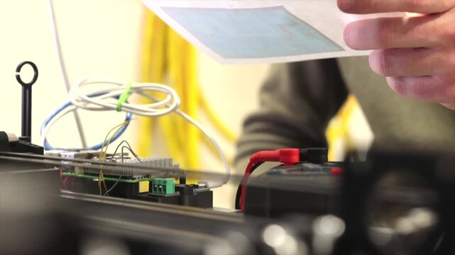 giovane operatore tecnico che studia e lavora ad un progetto su dei macchinari robotici avanzati, video dettagliato in tempo reale