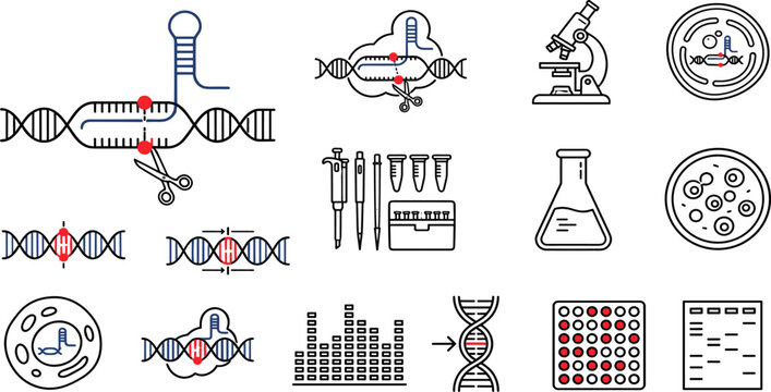 Genetics and Biotechnology Icon Set with DNA Editing Laboratory Research Microscopy Cell Analysis and Genome Science Symbols