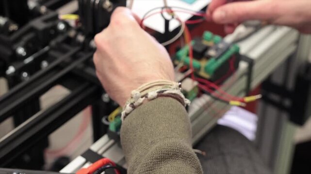 giovane operatore tecnico che lavora su dei macchinari robotici avanzati, video dettagliato in tempo reale