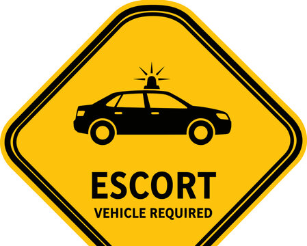A yellow road sign displays an escort vehicle required warning symbol