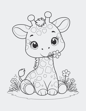 Cute baby giraffe sitting and holding flower line art illustration for kids coloring book page
