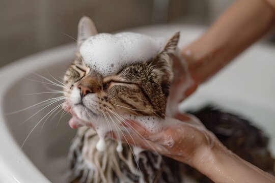 Cat getting washed in a bath with soap on its head while being held by a person&rsquo;s hands