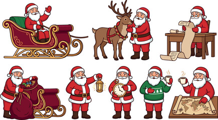 Cute cartoon Santa Claus characters vector set featuring Christmas sleigh reindeer reading wishlist bag of gifts lantern and world map © MdMehedi