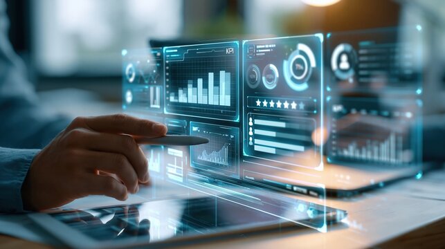 Hand using tablet with business analytics dashboard interface
