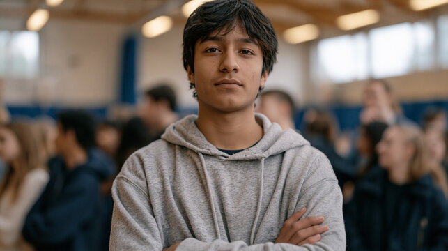 Roma teenager standing at edge of school gymnasium during a crowded social event, arms crossed watching others interact freely, social anxiety, adolescence, outsider feeling,