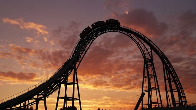 Roller coaster silhouette against a dramatic sunset sky with vibrant orange and purple clouds and glowing light