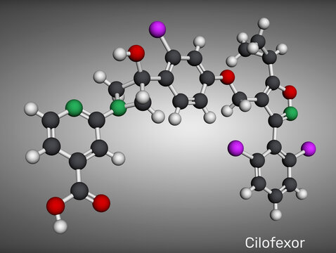 Cilofexor molecule. Nonsteroidal farnesoid X receptor FXR agonist for non-alcoholic fatty liver disease NAFLD, non-alcoholic steatohepatitis NASH, primary sclerosing cholangitis research. 3D render