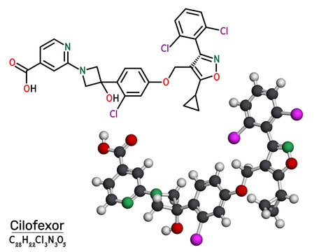 Cilofexor molecule. Nonsteroidal farnesoid X receptor FXR agonist for non-alcoholic fatty liver disease NAFLD, non-alcoholic steatohepatitis NASH, primary sclerosing cholangitis research. 3D render