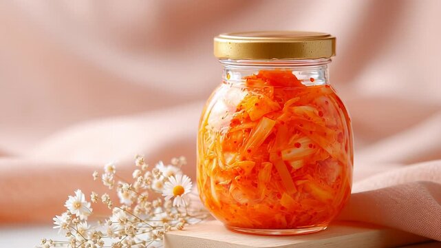 Homemade carrot fermentation jar on soft pink background