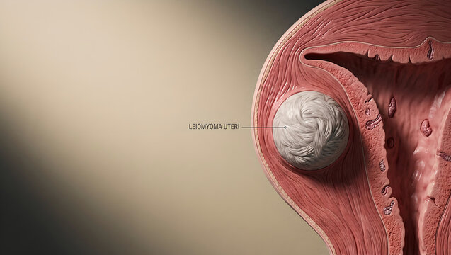 Illustrative anatomy revealing a leiomyoma uteri embedded within the complex uterine structure