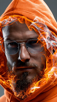 Mann mit Bart und Sonnenbrille ist in orange lodernde Flammen geh&uuml;llt