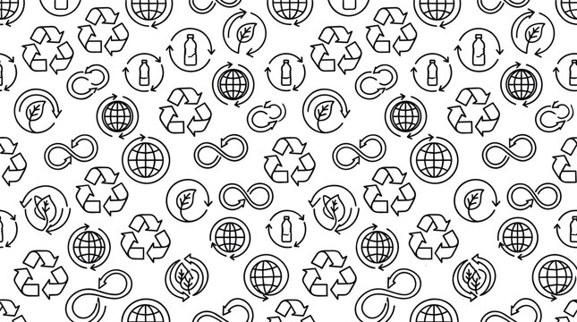 Ecology and recycling line icons seamless pattern vector background featuring eco green globe plastic bottles arrows and infinity symbols