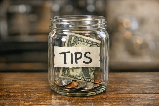 A clear glass jar filled with coins and a sign saying 'tips' on the side, great for depicting charitable donations or encouraging small change