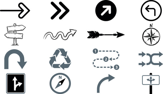 Vector arrow icons set featuring navigation pointers wooden road signs recycle symbols vintage compass rose and directional path indicators