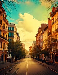 Obraz premium Sunset over a peaceful city street with historic buildings.