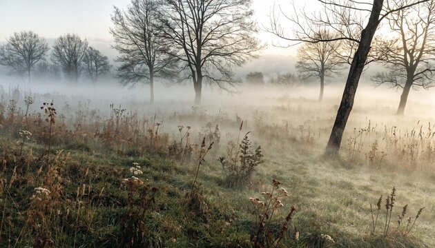 Misty meadow with bare trees at sunrise creates a calm natural backdrop for wellness, travel, conservation, or seasonal countryside promotions.