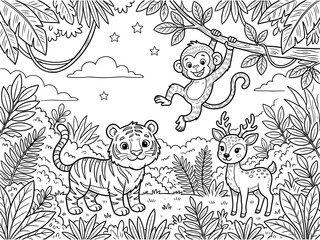 Obraz premium Cute cartoon animals in the jungle coloring page for children.