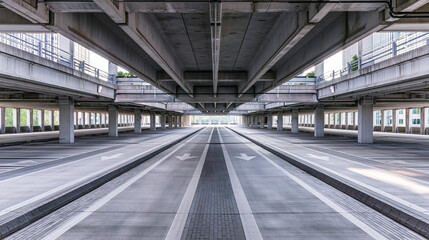 Fototapeta premium Empty Modern Parking Garage Interior with Concrete Architecture and Natural Light Creating a Quiet Urban Liminal Space