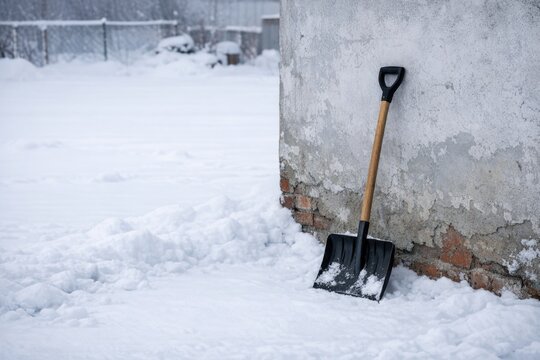 A shovel standing upright against a snowy wall, ready for use