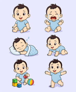 Set of baby boy illustrations showing different actions poses and expressions