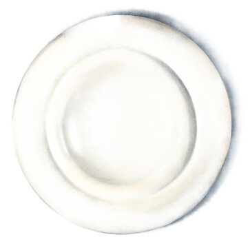 Delicate watercolor hand drawn illustration of white ceramic plate, soft shadow, isolated on white background. Empty blank tableware for menu, recipe, kitchen design. Clean simple light toned object
