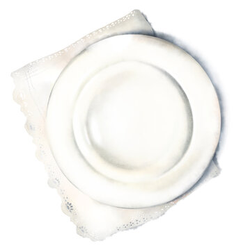 Delicate watercolor hand drawn composition, white ceramic plate, lace doily, soft shadow, isolated on white background. Elegant neutral tableware for country wedding. Simple light toned illustration