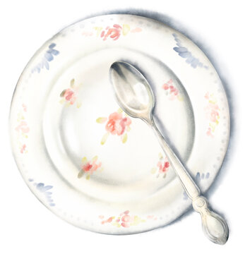 Delicate watercolor hand drawn composition, vintage floral plate with grandma's roses, silver spoon, soft shadow, isolated on white background. Romantic cottage core table setting