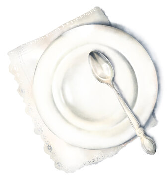 Delicate watercolor hand drawn composition, white ceramic plate, lace doily, silver spoon, soft shadow, isolated on white background. Elegant neutral tableware for country wedding. Clean illustration
