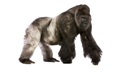 Powerful silverback gorilla walking, isolated on transparent background © STUDIOP