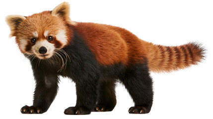 Red panda with bushy striped tail standing on hind legs, isolated on transparent background © STUDIOP