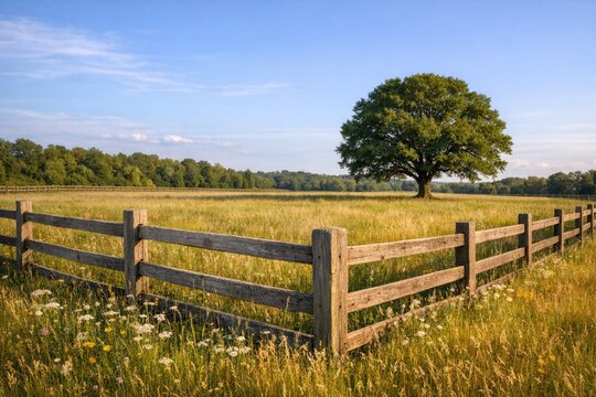 A single tree stands alone in an open field surrounded by a wooden fence