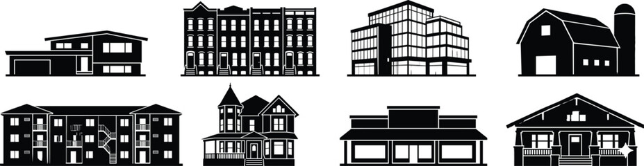 Architectural building silhouette vector set featuring residential, commercial, and farm structures © Tanzila
