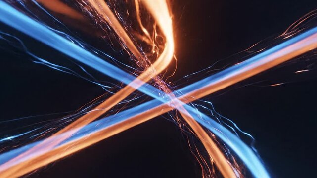 Abstract blue and orange light streaks flowing on black background, representing high-speed data transfer, digital connectivity, and futuristic technology motion trails.