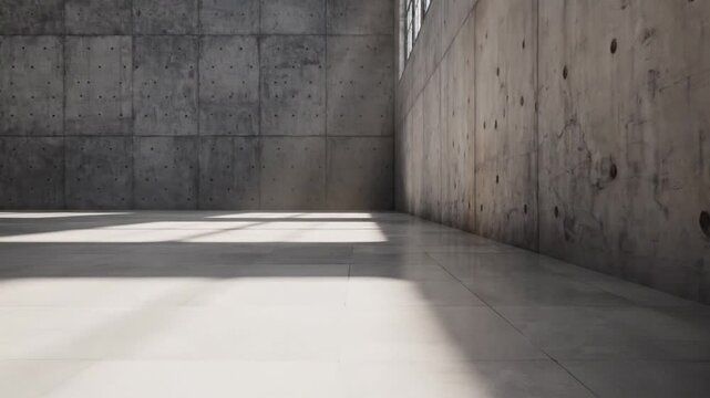 Empty industrial warehouse interior featuring large raw concrete walls with tie-rod holes, polished stone tile flooring, and dramatic natural sunlight shadows from high windows.