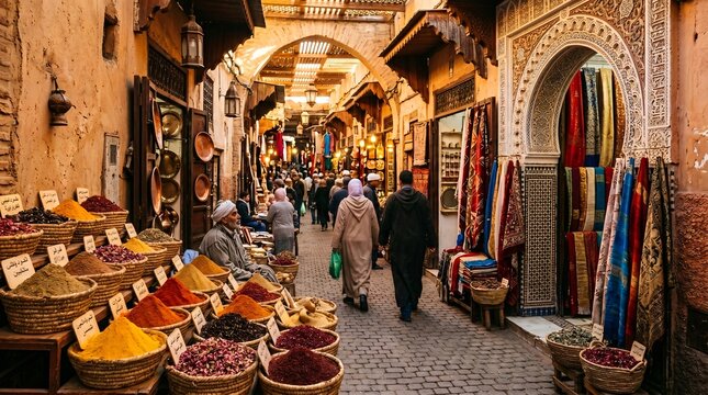 Vibrant Moroccan Street Market with Colorful Spices and Textiles.