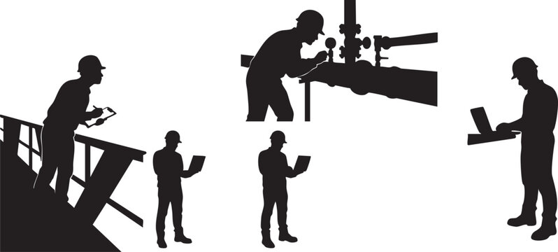 Electrical worker silhouettes against a white background depict various power industry tasks and maintenance procedures electrician lineman utility energy engineering distribution